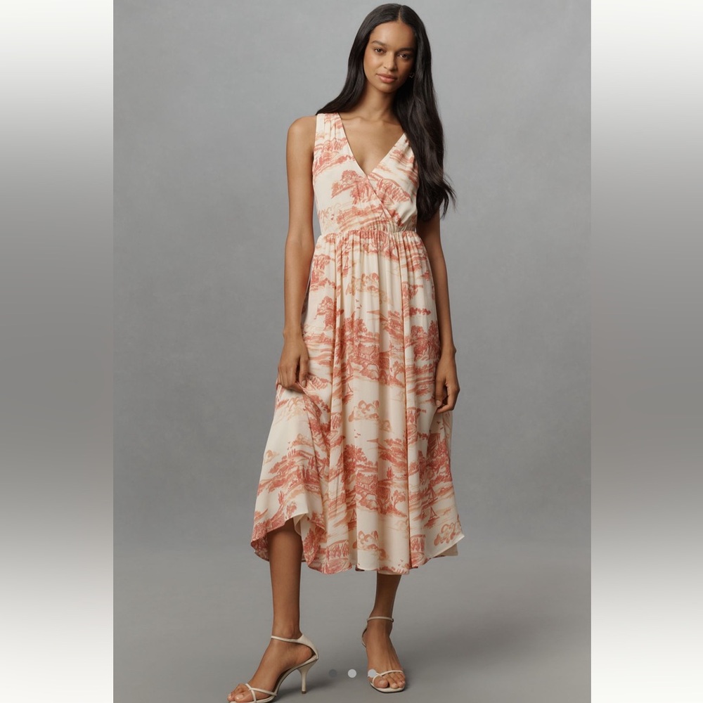 Reformation Farah Cream & Peach Sleeveless V-neck Chiffon Midi Dress NWT Size 8